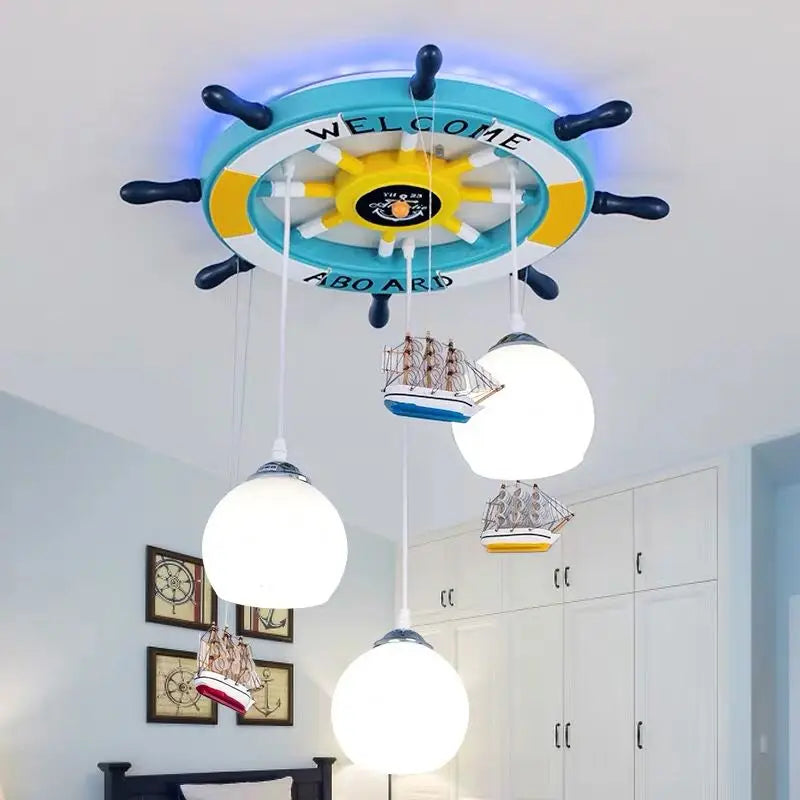 Modern Led Chandelier Light Children's Gaming Room Bedroom Study Kids Blue Cartoon Pirate Boat Ceiling Lamp Decor Light Fixtures