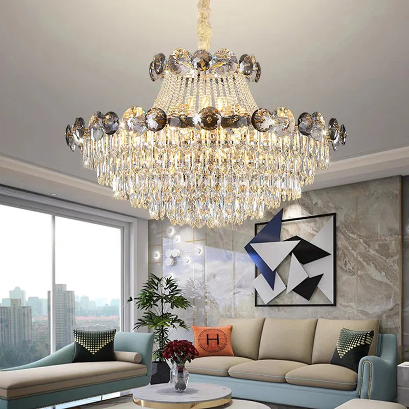 Smokey Gray Crystal Luxury LED Ceiling Chandeliers for Living Room Decor 2023 New Lamps for Ceiling Modern Home Lighting Lustre