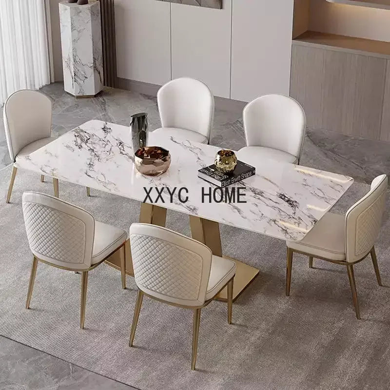 Golden Luxurious Dining Room Sets Steel Base Plate Kitchen Glossy Rock Board Rectangle Table Top Comedor Kitchen Furniture