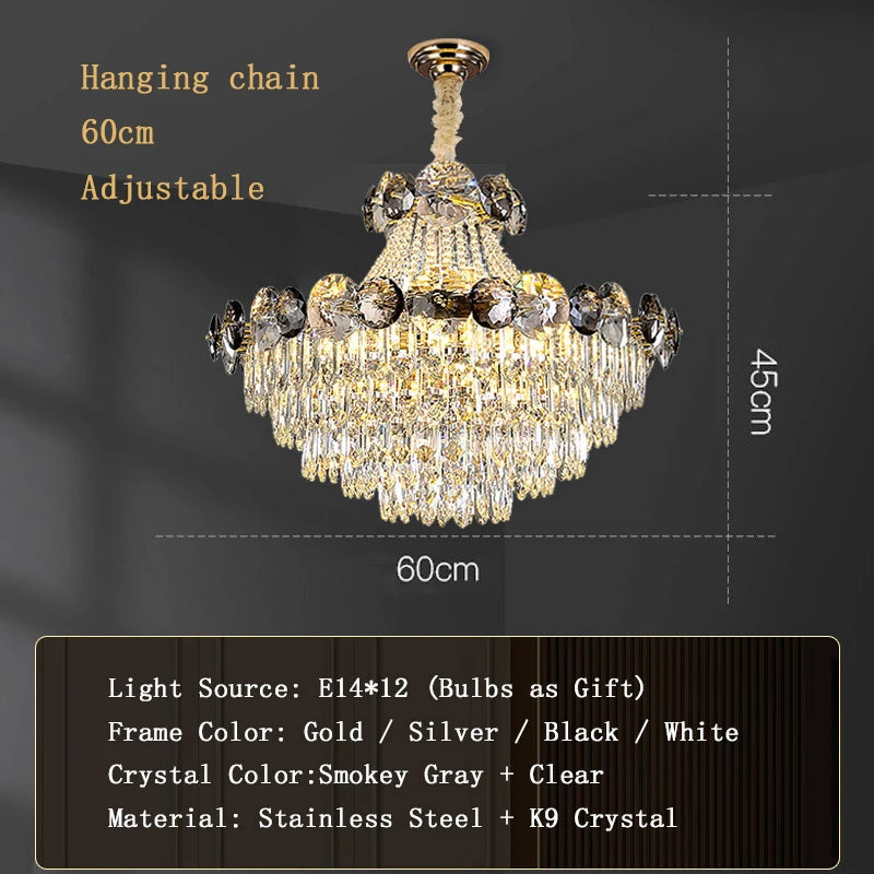 Smokey Gray Crystal Luxury LED Ceiling Chandeliers for Living Room Decor 2023 New Lamps for Ceiling Modern Home Lighting Lustre