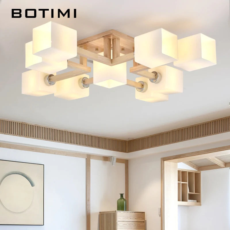 BOTIMI  Natural Wooden Ceiling Lights For Living Room Cube Glass Lampshades Ceiling Mounted Bedroom Lustres Modern Dinning Lamp