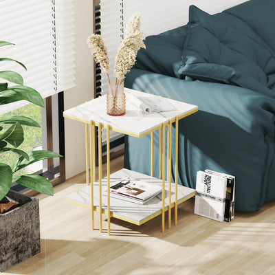 Tea Table End Table For Office Coffee Table Square Marble Top Gold Legs Magazine Shelf Small Desk Bedroom Living Room Furniture