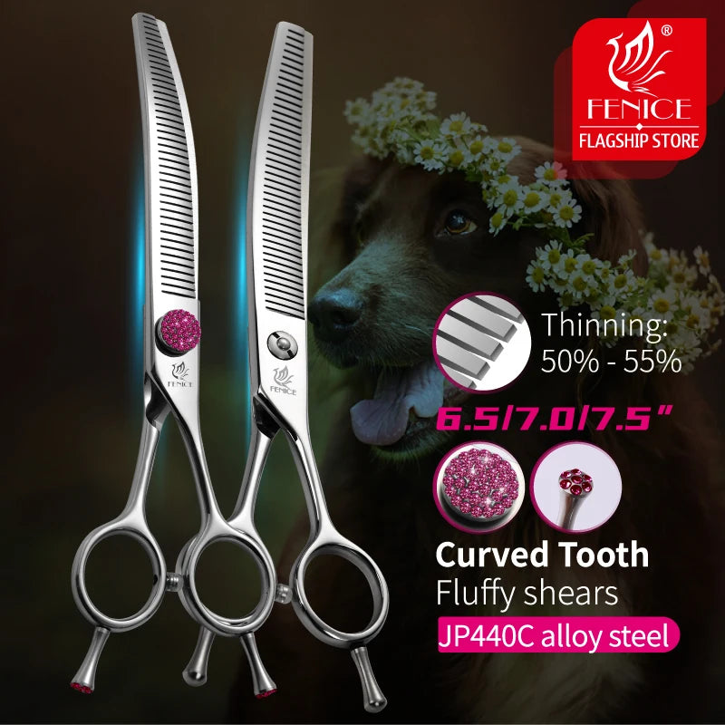 Fenice JP440C 6.5/7/7.5 inch Pet Scissors Grooming Curved Thinner Shears Trimmers for Dogs Fluffy Traceless Thinning Rate 50-55%