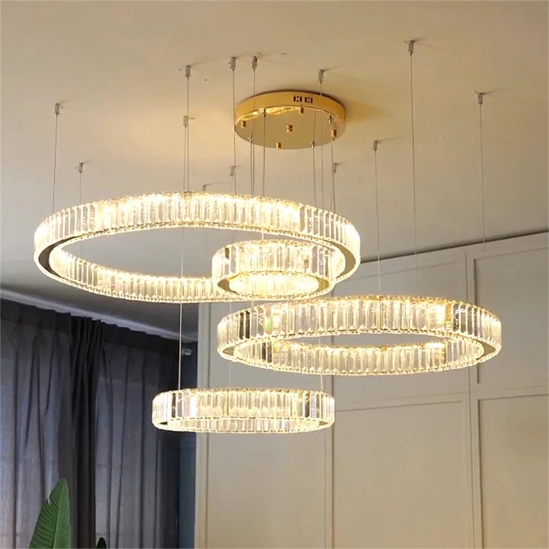 Modern Luxury Crystal Chandelier Circle Rings Staircase Chandelier Living Room Decoration Ceiling Chandelier Led Lighting