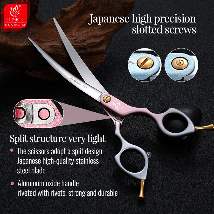 Fenice Professional Colourful 6.5 Inch JP VG10 Steel Pet Dog Grooming Shears 35° Curved Scissors with High Quality Alloy Handle