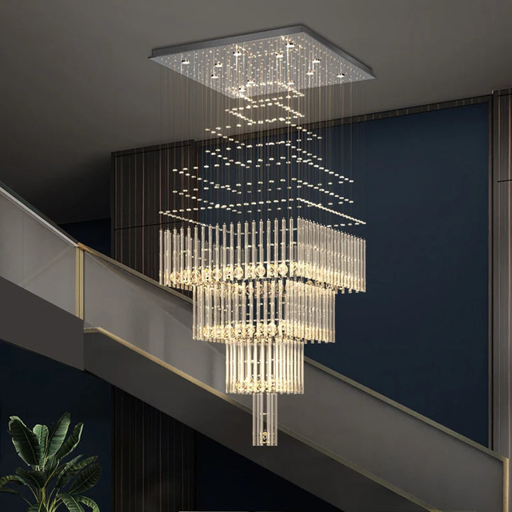 Modern Ceiling Chandelier For Living Room Columnar Crystal Hanging Lamp Square Base Light Fixture Staircase Loft Cristal Lustre