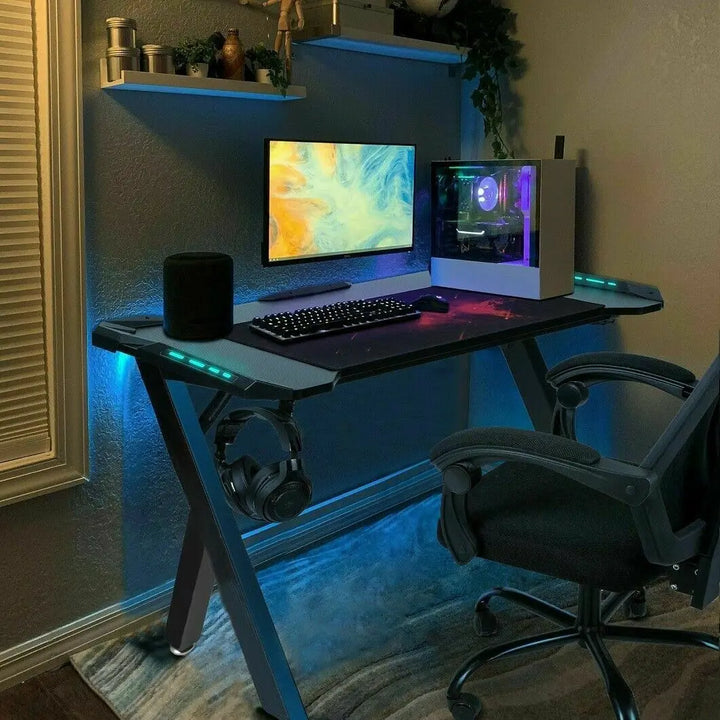 Gaming Desk with USB Ports & LED Lights Gaming Desk PC Computer Gamer Desk with RGB LED Lights, Headphone Hook, Cup Holder | Ergonomic Workstation for Home Offices | Rectangular Shape, Carbon Fiber Design