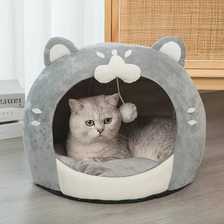 Autumn Winter Warm Comfy PP Cotton Cat Bed Adorable Pet House Cozy Cat-Shaped Soft Pet Bed House with Cushion for Small Dogs Cat