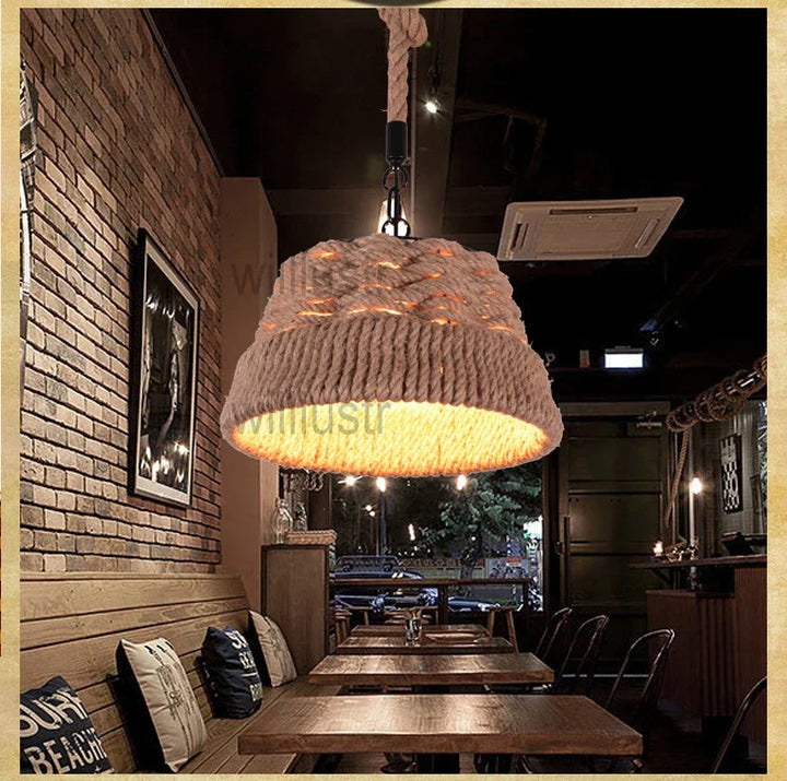 Hemp Rope Pendant Lamp American Country Style Suspension Light Loft Edison Bulb Natural Material Hanging Ceiling Chandelier