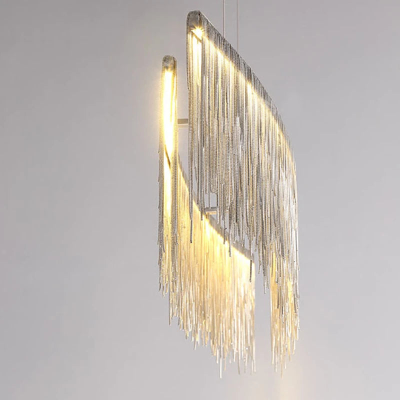 Nordic LED Aluminum Tassel Chandeliers Waterfall Hanging Lighting Living Room Hotel Hall Villa Art Decor Pendant Light Dimmable