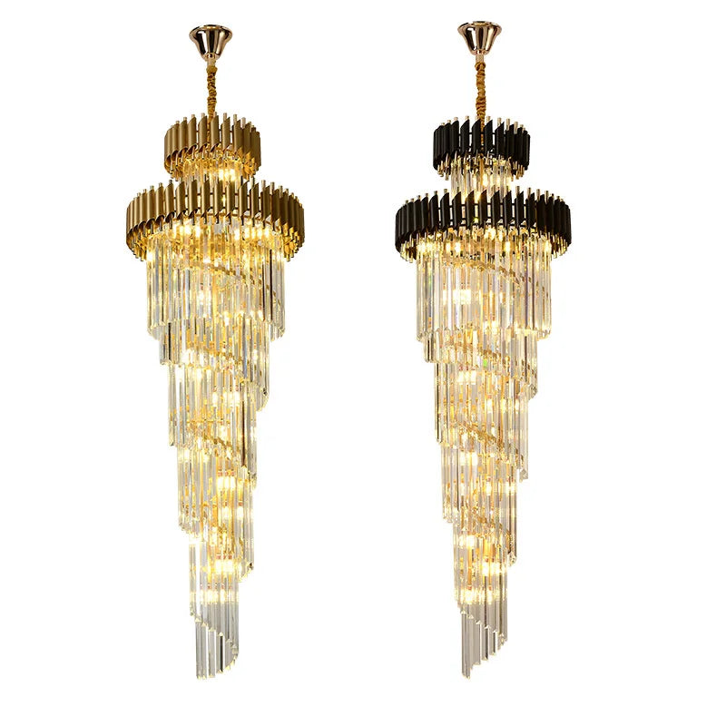 Large LED Luxury Crystal Chandeliers Long Spiral Hanging Pendant Lighting Living Room Villa Stair Suspension Gold Black Lustre