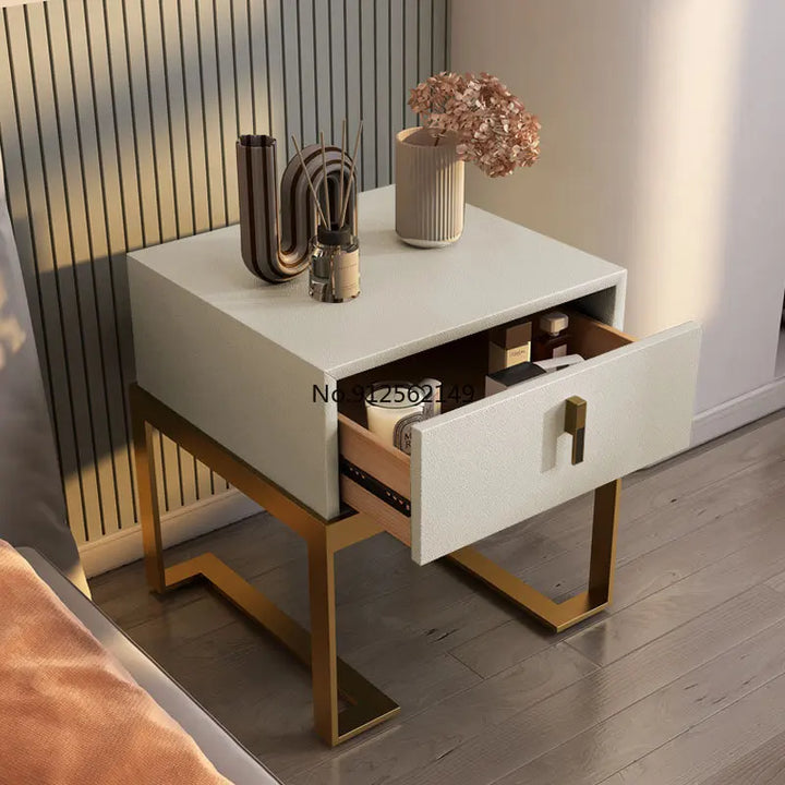 Luxury Bedside Table with Solid Wood Cabinet and Leather Drawer