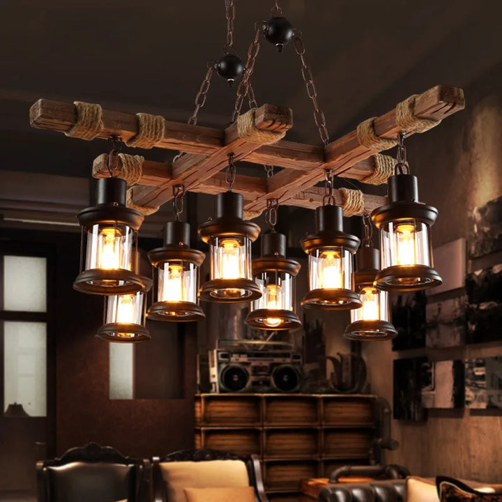 Retro Wood Pendant Lights 8 Head Vintage Industrial Loft Glass Iron LED Chandelier Suspension Lamp Wooden Droplight