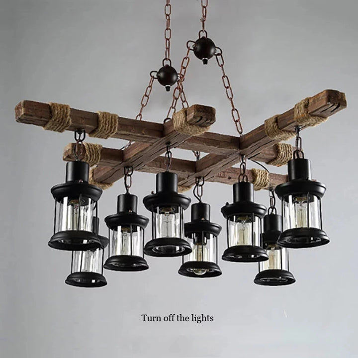 Retro Wood Pendant Lights 8 Head Vintage Industrial Loft Glass Iron LED Chandelier Suspension Lamp Wooden Droplight