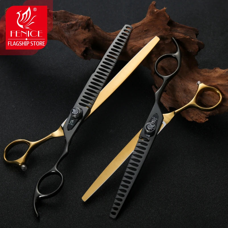 Fenice Pet Professional Dog Grooming Scissors Cutting Curved Thinning Shear Set Japan 440C Scissor Kit for Animal Beauticians