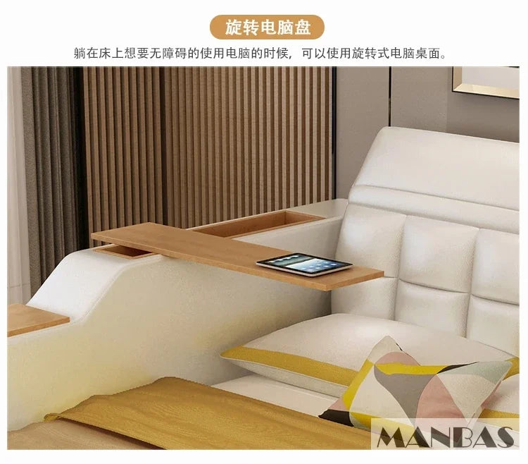 Linlamlim King Size Multifunctional Ultimate Bed Frame Tech Smart Bed with Genuine Leather, Massage, Bluetooth, Tatami and Safe