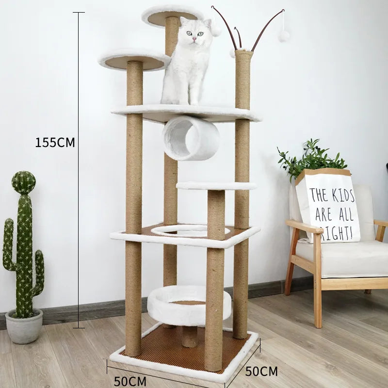 4 Layer Wooden Cat Tree House Space Capsule Cat Bed Rattan Mat Cat Tower With Sisal Rope Cat Scratching Posts Pet Cats Condos