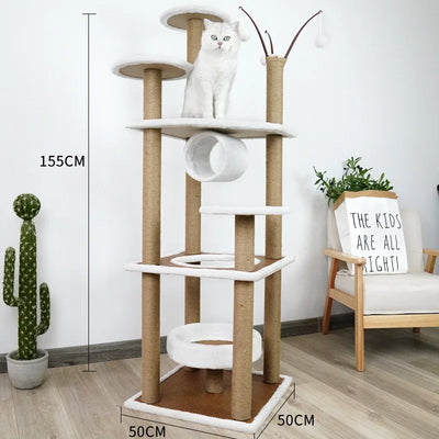 4 Layer Wooden Cat Tree House Space Capsule Cat Bed Rattan Mat Cat Tower With Sisal Rope Cat Scratching Posts Pet Cats Condos
