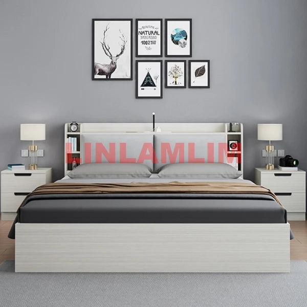 Nordic Simple Storage Bed Frame Upholstered camas Rectangle Queen/King Size Beds MDF Camara with LED Lamp,Usb Charging,Gas Lift