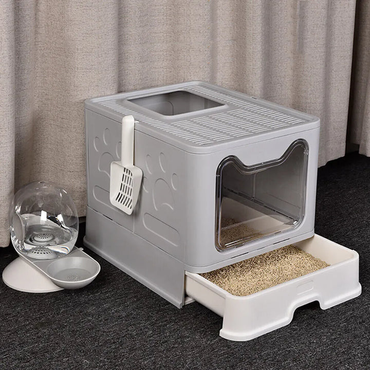 XXL Large Space Foldable Cat Litter Box with Front Entry and Top Exit, Complete with Tray