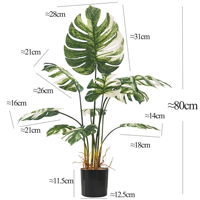 70/80cm Large Artificial Monstera Tree Tropical Fake Plants Potted Plastic Big White Palm Leaves With Pot For Home Garden Decor