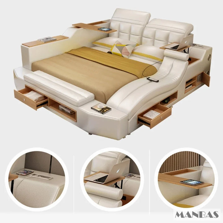 Linlamlim King Size Multifunctional Ultimate Bed Frame Tech Smart Bed with Genuine Leather, Massage, Bluetooth, Tatami and Safe