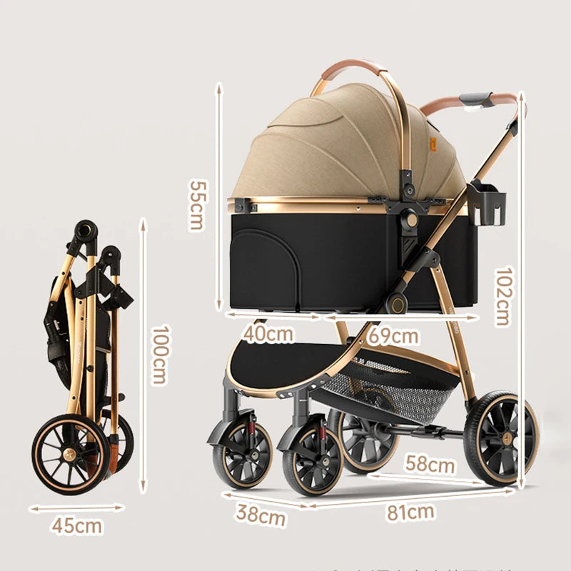 Multifunctional Detachable Pet Stroller Carrier Luxury Gold Dog Stroller for Large Dogs Cats Foldable Car Dog Carrier Bag Bed