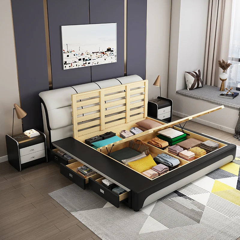 Double Bed Modern Simple Bedroom Furniture Comfortable Soft Bed High Quality Genuine Leather Villa Furniture