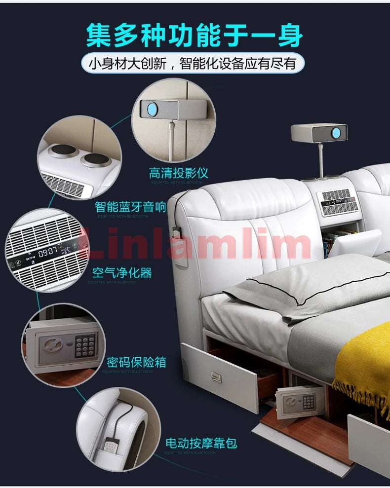 MINGDIBAO Tech-Smart Multifunctional Bed Genuine Leather Ultimate Camas Tatami Lit with Massage, Projector, Air Purifier,Speaker