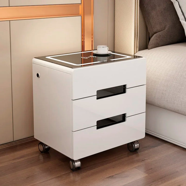 Luxury Wood Mobile Nightstands Smart Librarymodern Bedside Table With Wireless Charger Narrow Criado Mudo Room Furniture HY50