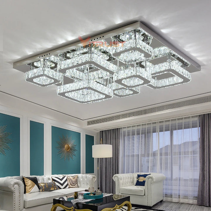 Modern Chrome LED Crystal Ceiling Lamp Luxury Square Crystal Lighting Plafonnier Chandelier Lighting Living Room Bedroom Dining