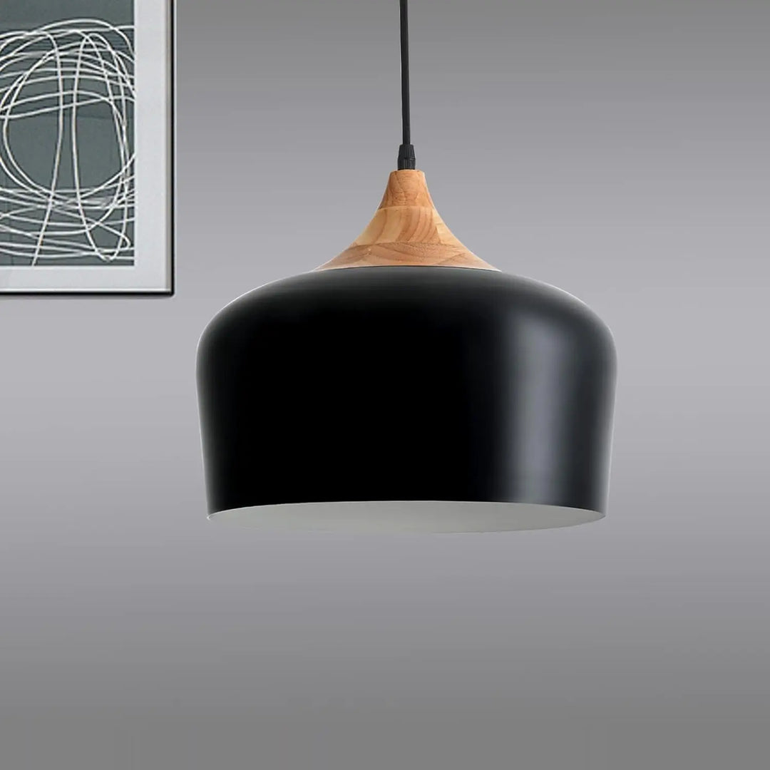 Industrial Pendant Light, Adjustable Wood Ceiling Hanging Lighting with Dome Black Metal Shade，Farmhouse Minimalist Lamp