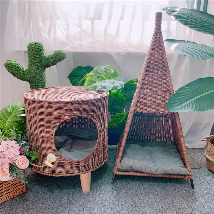 Vintage Rattan Pet Bed Plastic Pagoda Tent Cat Nest Dogs and Cats House Cylindrical Nest  Cat Scratching Post  Cat Tower