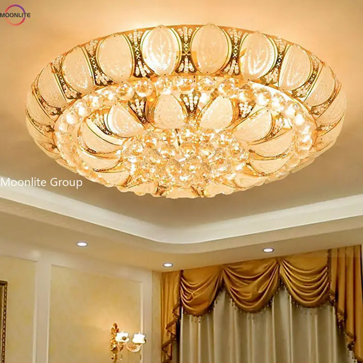 Luxury Gold Large Ceiling Light K9 Shining Dazzling Crystal Ceiling Light Living Room Lotus Shape Golden Home Light Decoration