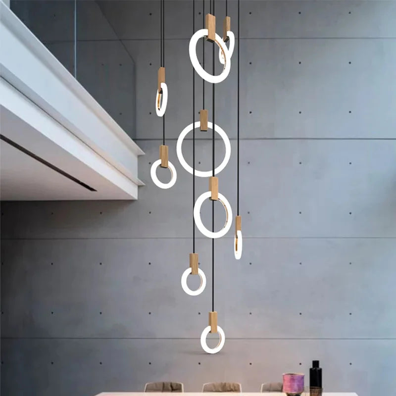 LED Modern Chandelier Stairs Ceiling Lights for Living Room Wooden Lighting Fixtures Hanging Lights Dining Pendant Lamps