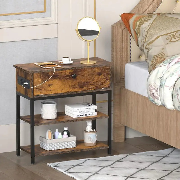 Wooden Bedside Table With Socket Multifunctional Durable Home Storage Bedside Locker Furniture Creative Retro Bedroom Nightstand