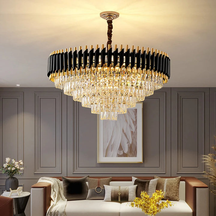 Modern LED Luxury Black Gold Crystal Chandeliers for Living Room Dining Room Lustre Hanging Pendant Lamp Indoor Lighting Fixture