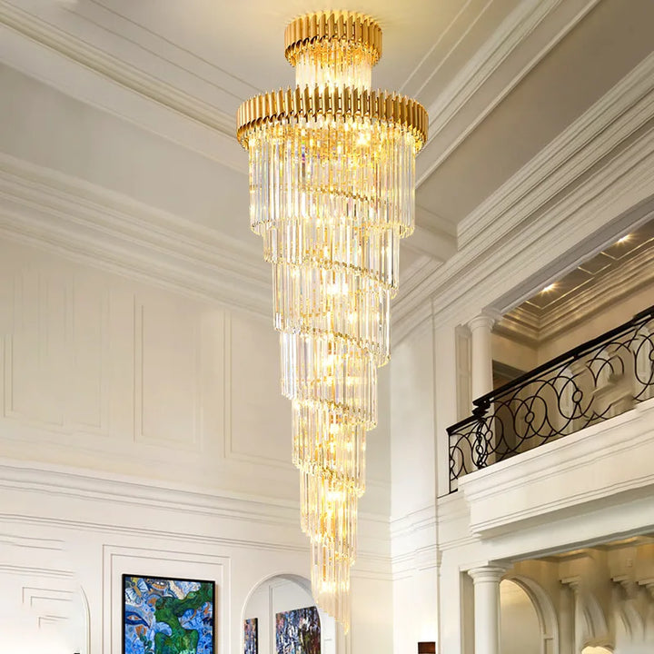 Large LED Luxury Crystal Chandeliers Long Spiral Hanging Pendant Lighting Living Room Villa Stair Suspension Gold Black Lustre