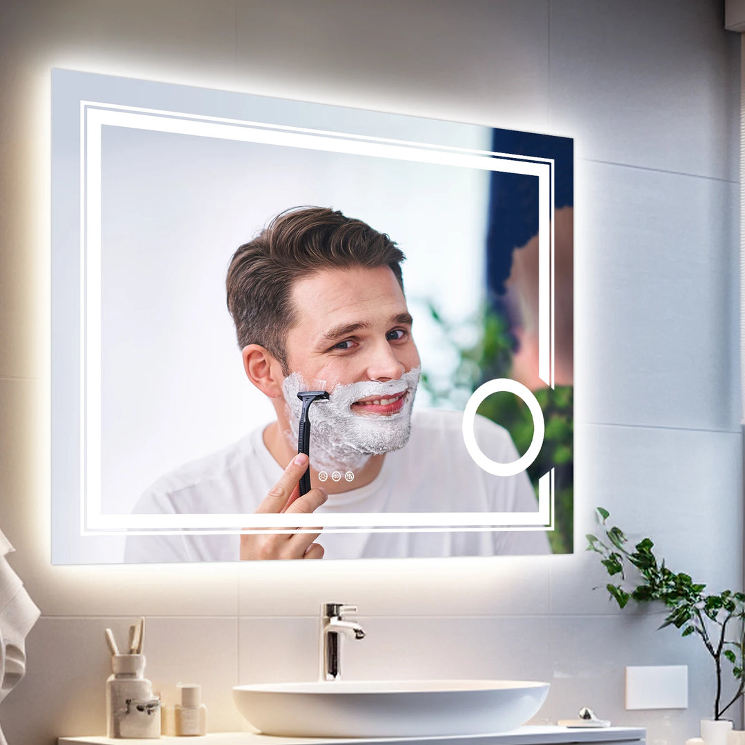 LED Lighted Smart Bathroom Mirror 3X Lighted Magnifier Wall Mounted White Light Front Backlit Dimmable Anti-Fog