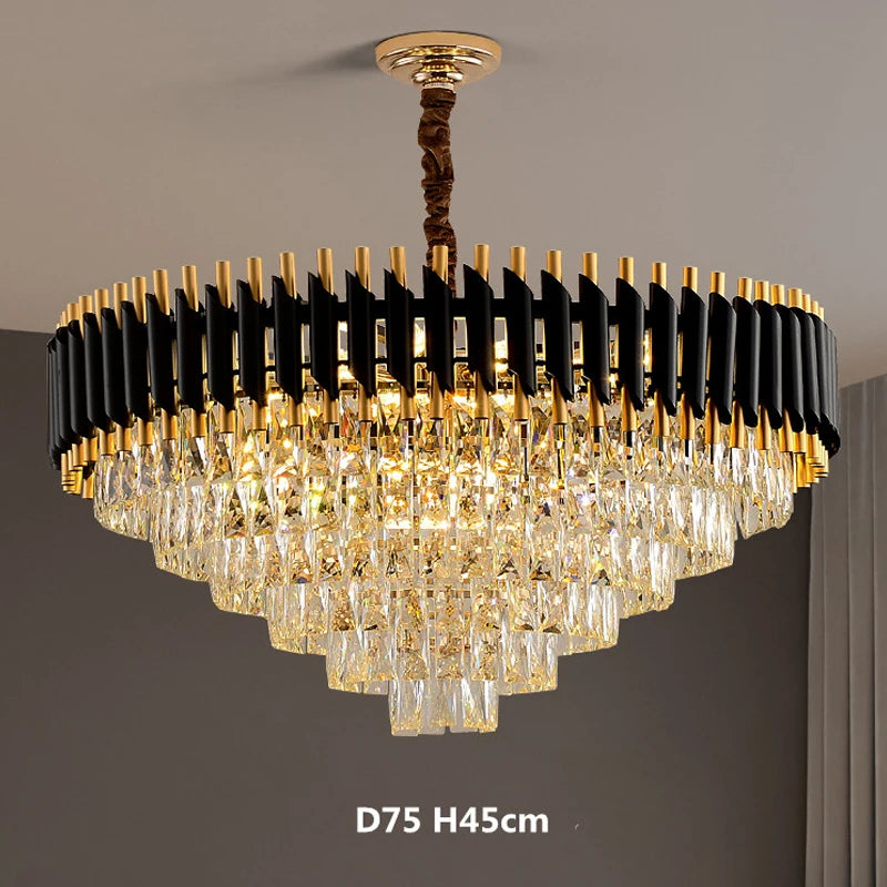 Modern LED Luxury Black Gold Crystal Chandeliers for Living Room Dining Room Lustre Hanging Pendant Lamp Indoor Lighting Fixture