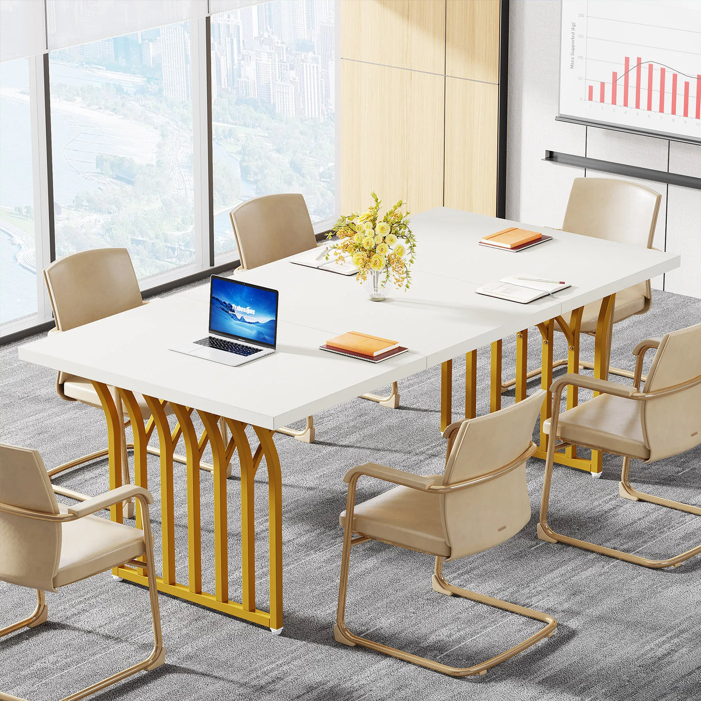 Tribesigns 63" White Office Desk, Modern Executive Desk Large Computer Desk with Gold Metal Frame, Wood Writing Desk Workstation