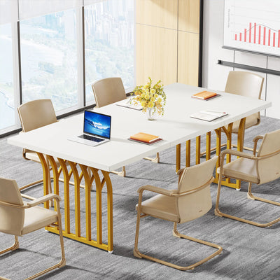 Tribesigns 63" White Office Desk, Modern Executive Desk Large Computer Desk with Gold Metal Frame, Wood Writing Desk Workstation