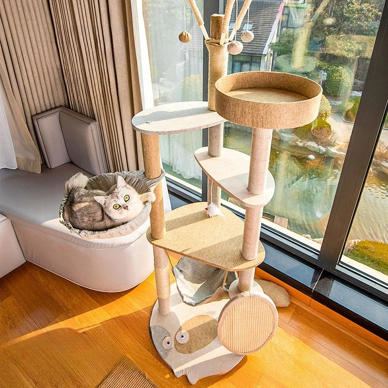 Cat Tree House Wooden Cat Towers Condo Pet Furniture Spacious Sleep Bed for Cat Hammock Sisal Scratching Posts and Cat Toy Balls