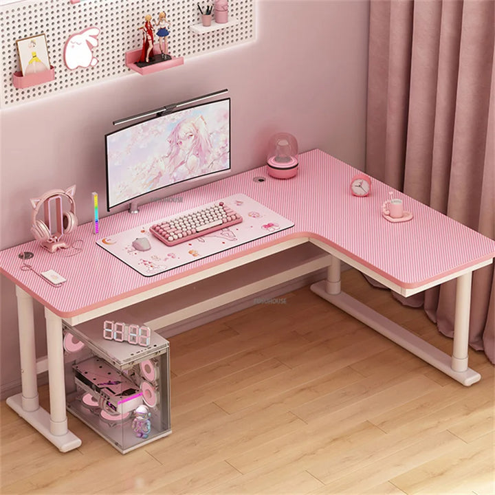 Corner Desktop Computer Desk Bookshelf Integrated Office Furniture Carbon Fiber Computer Table Pink Gaming Desk Girls Study Desk