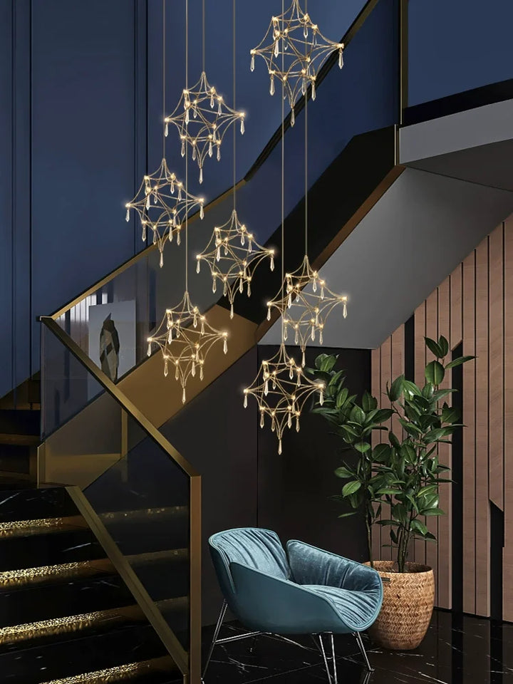 Staircase crystal chandelier postmodern restaurant Ceiling pendant duplex villa stainless steel long chandelier indoor lighting