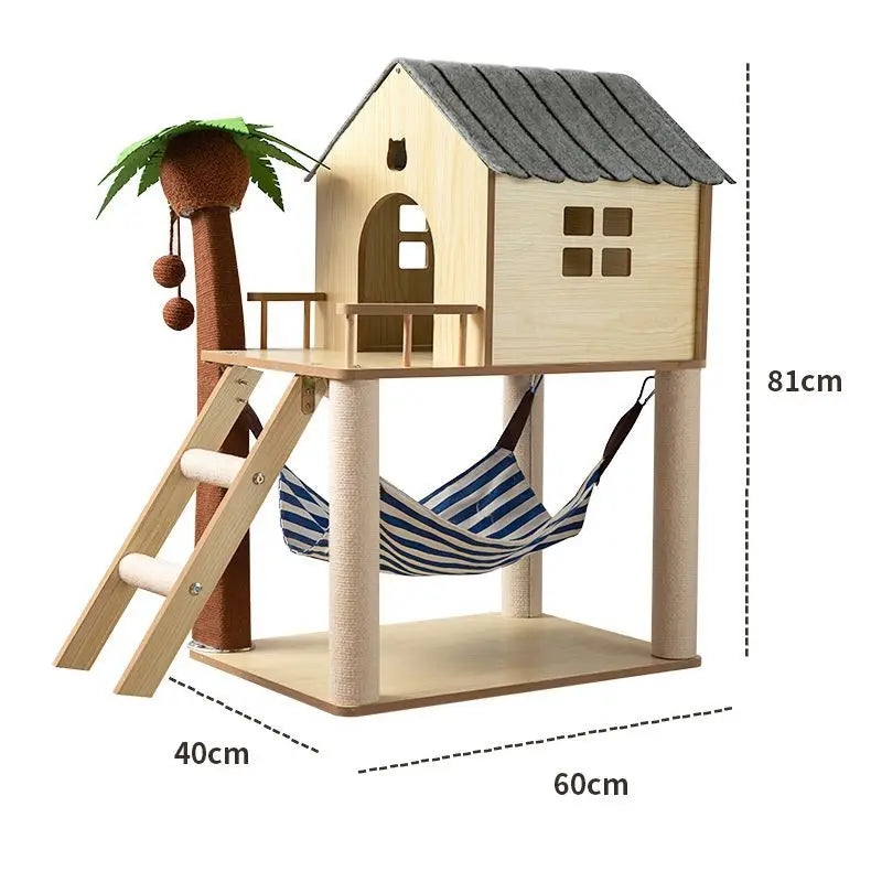 Luxury Cat House Two-Storey Villa Pet Cat Beds Hammock Coconut Tree House Wooden Pet Condos With Stairway Cat Scratching Posts