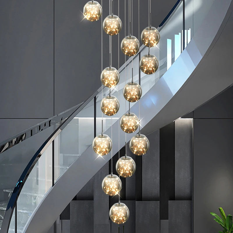 Nordic LED Spiral Staircase Chandeliers Lighting Living Dining Room Villa Hotel Decor Hanging Pendant Lamp Glass Ball Suspension