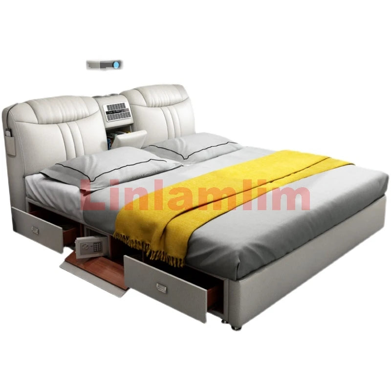 MINGDIBAO Tech-Smart Multifunctional Bed Genuine Leather Ultimate Camas Tatami Lit with Massage, Projector, Air Purifier,Speaker