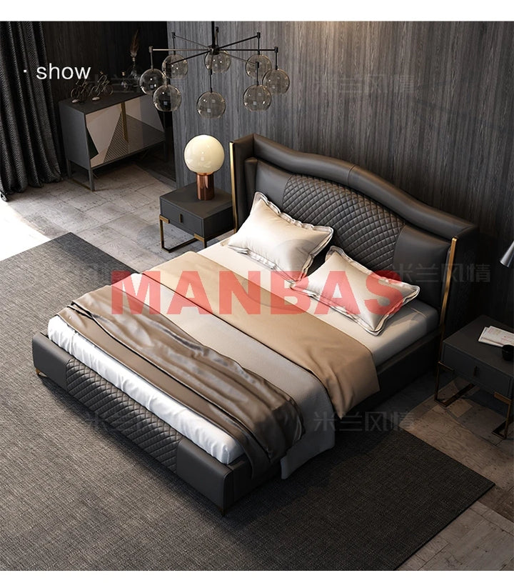 MANBAS Genuine Leather Bed Nordic Double Size Rectangle Bed Frame Nordic King/Queen Size Wedding Lits Designer Upholstered Cama