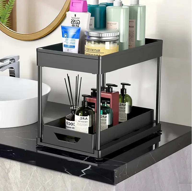 1 PC Double Layer Plastic Kitchen Shelf, Sink, Counter Top Spice Storage with Hook Hanging Box